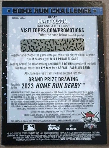 MATT OLSON 2022 Topps Series 1 Home Run Challenge Code A's Athletics Braves #17