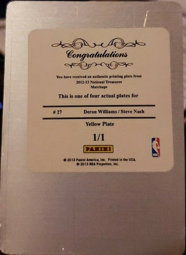 Steve NASH Deron WILLIAMS 2012-13 National Treasures PRINTING PLATE SP #1/1 of 1