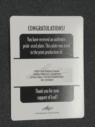 KEL JOHNSON 2013 Leaf Perfect Game Showcase RC Prospect PRINTING PLATE SP #1/1