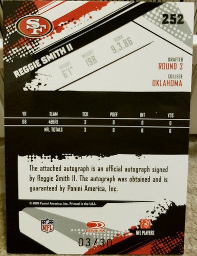 REGGIE SMITH II 2009 Donruss Score Inscriptions Red Zone AUTO Autograph SP 49ers