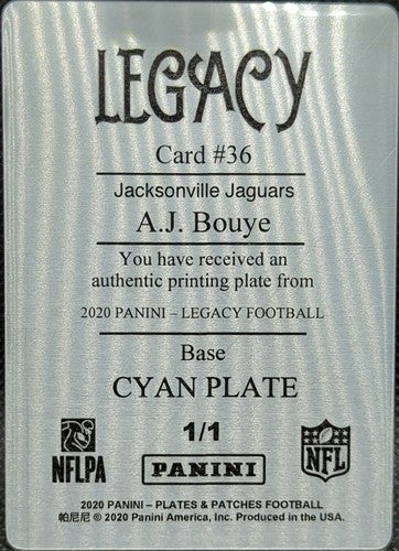 A. J. BOUYE 2020 Panini Legacy PRINTING PLATE SP #1/1 Jaguars Panthers AJ One of