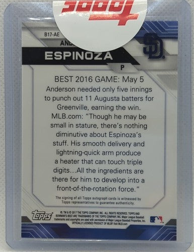 â¾ ANDERSON ESPINOZA 2017 Topps Bowman's Best Of '17 Rookie RC AUTO Padres Cubs