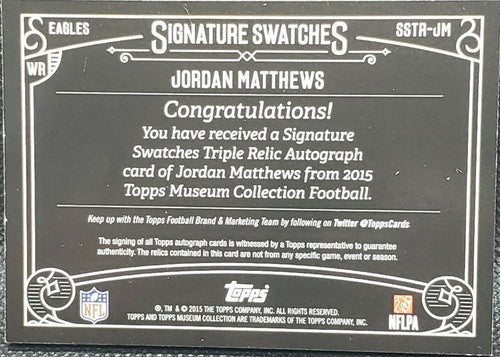 JORDAN MATTHEWS 2015 Topps Museum AUTO TRIPLE JERSEY PATCH Copper SP #/50 Eagles