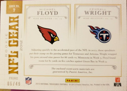 Michael FLOYD Kendall WRIGHT 2012 NFL Gear Dual Jersey LAUNDRY TAG PATCH SP #/49
