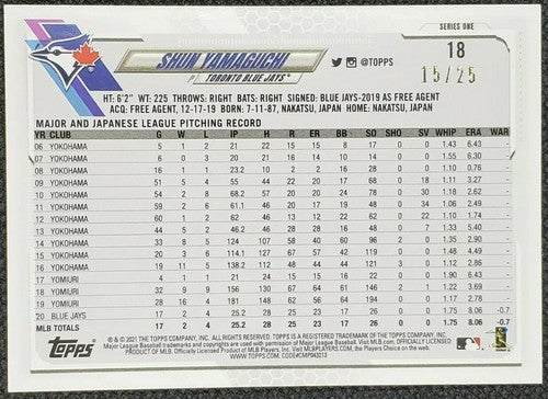 SHUN YAMAGUCHI 2021 Topps Series 1 MEMORIAL DAY CAMO Variant SP #15/25 Blue Jays