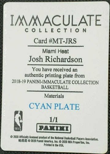 JOSH RICHARDSON 2018-19 Panini Immaculate Materials PRINTING PLATE SP #1/1 Heat