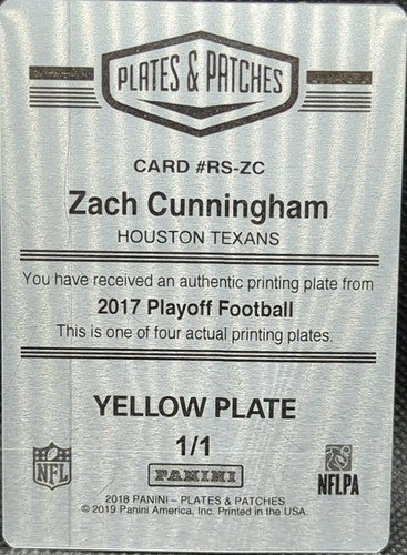 ZACH CUNNINGHAM 2017 Panini Playoff RC PRINTING PLATE #1/1 Texans Titans One of