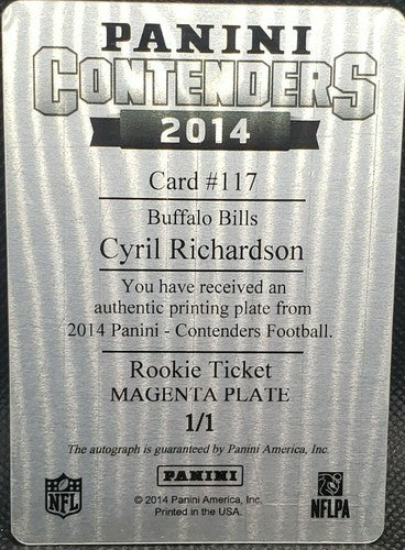 CYRIL RICHARDSON 2014 Panini Contenders RC DUAL AUTO PRINTING PLATE SP 1/1 Bills