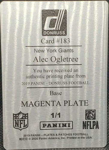 ALEC OGLETREE 2019 Panini Donruss Base PRINTING PLATE SP #1/1 Giants Rams One of