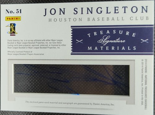 JON SINGLETON 2014 Panini National Treasures DUAL AUTO Jersey BUTTON PATCH #1/6