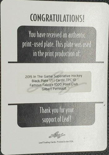 GILBERT PERREAULT 2015 In the Game Superlative Hockey PRINTING PLATE #1/1 Sabres