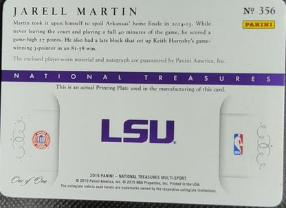 JARELL MARTIN 2015-16 Panini National Treasures AUTO PATCH PRINTING PLATE 1/1 of