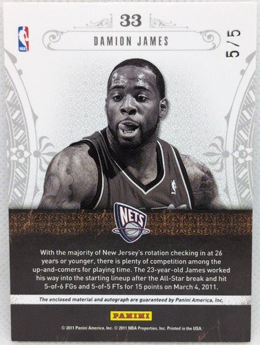 DAMION JAMES 2011-12 National Treasures DUAL TAG LOGO PATCH AUTO SP #5/5 NJ Nets