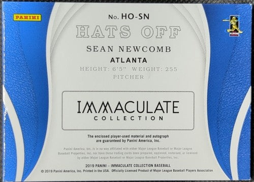 SEAN NEWCOMB 2019 Panini Immaculate Hats Off DUAL AUTO Cap PATCH Gold /25 Braves