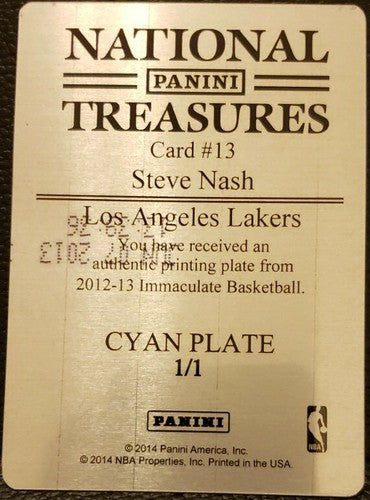 STEVE NASH 2013-14 National Treasures PRINTING PLATE #1/1 Nets Lakers Immaculate