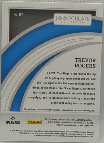 TREVOR ROGERS 2022 Panini Immaculate Jersey LAUNDRY TAG PATCH Black #8/8 Marlins
