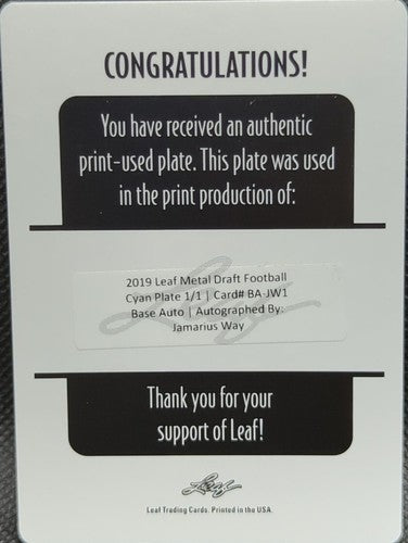 JAMARIUS WAY 2019 Leaf Metal Draft RC AUTO PRINTING PLATE SP #1/1 Broncos One of