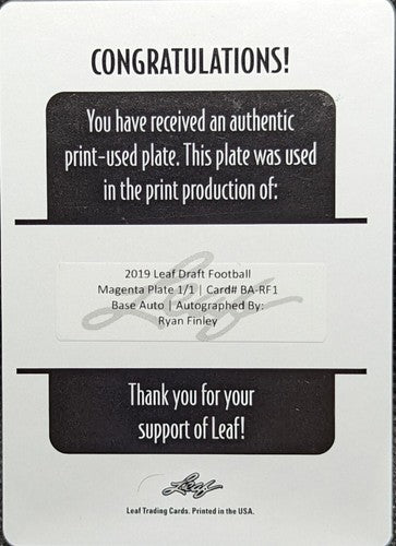 RYAN FINLEY 2019 Leaf Draft RC AUTO PRINTING PLATE SP #1/1 Bengals Texans One of