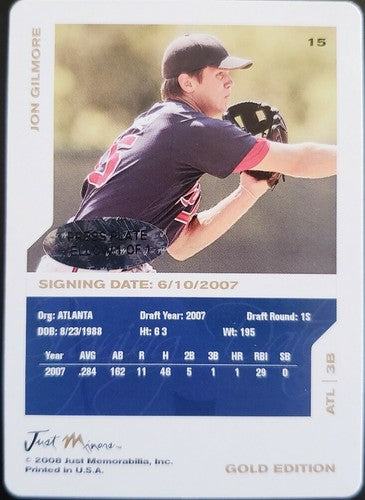 JON GILMORE 2008 Just Memorabilia Rookie PRINTING Press PLATE SP 1/1 of 1 Braves