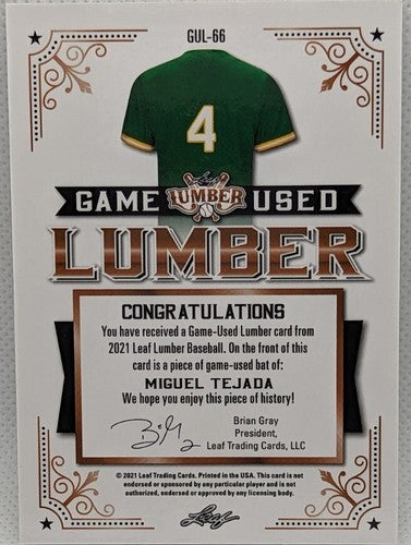 MIGUEL TEJADA 2021 Leaf Lumber JUMBO Game Used BAT Relic Patch #5/5 A's Orioles