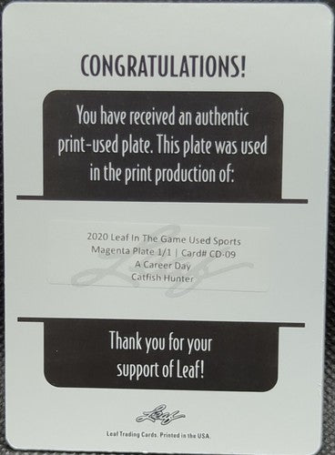 JIM CATFISH HUNTER 2020 Leaf In The Game Used PRINTING PLATE SP #1/1 A's Yankees