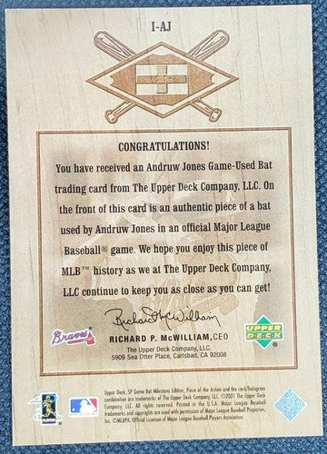 ANDRUW JONES 2001 Upper Deck SP Milestone Game Used FLAG LOGO BAT RELIC Braves