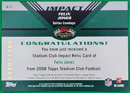 FELIX JONES 2008 Topps Stadium Club Impact RC JERSEY SP #/1349 Cowboys Arkansas