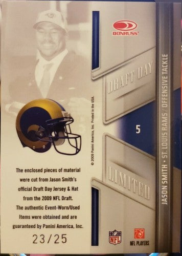JASON SMITH 2009 Donruss Limited Draft Day Dual Hat Jersey LOGO PATCH #/25 Rams