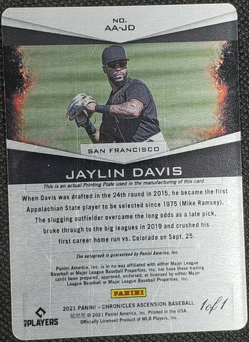 JAYLIN DAVIS 2021 Panini Chronicles Ascension RC AUTO PRINTING PLATE #1/1 Giants