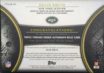 DEVIN SMITH 2015 Topps Triple Threads DUAL AUTO JERSEY PATCH Gold SP #04/25 Jets