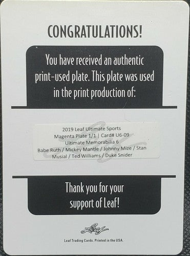Babe RUTH Mickey MANTLE Ted WILLIAMS Stan MUSIAL MIZE SNIDER PRINTING PLATE #1/1