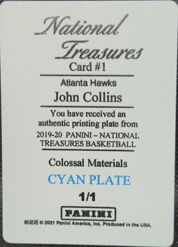 JOHN COLLINS 2019-20 Panini National Treasures Colossal PRINTING PLATE SP 1/1 of