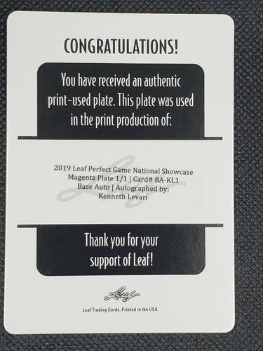 KENNETH LEVARI 2019 Leaf Perfect Game RC Base AUTO PRINTING PLATE SP #1/1 Kenny