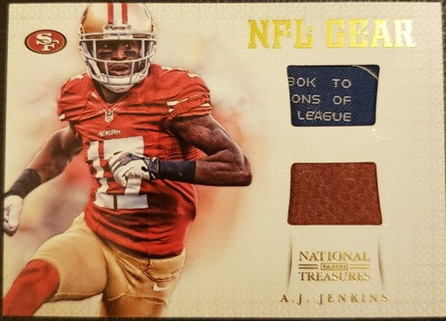 A.J. JENKINS 2012 National Treasures DUAL LAUNDRY TAG Jersey Patch #/49 AJ 49ers