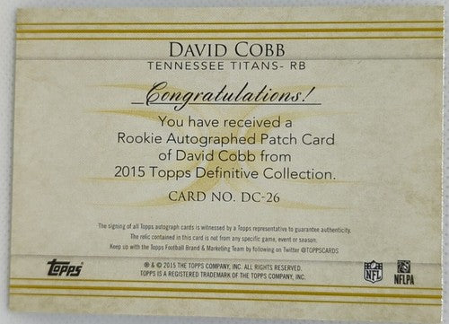 DAVID COBB 2015 Topps Definitive DUAL RC AUTO JUMBO JERSEY PATCH SP #/50 Titans