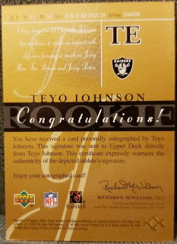 TEYO JOHNSON 2003 Upper Deck SP Signature Edition Black Ink AUTO Oakland Raiders