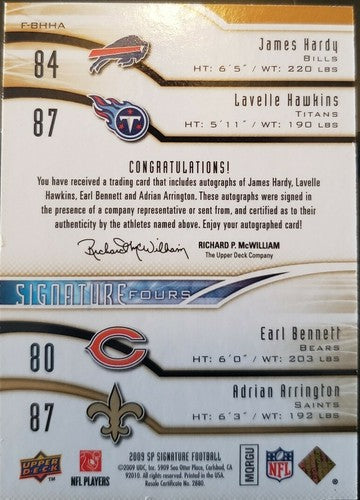 James HARDY Earl BENNETT Lavelle HAWKINS ARRINGTON 2009 SP Signature QUAD AUTO #