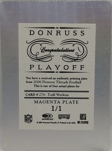 TODD WATKINS 2006 Donruss Threads RC PRINTING PLATE 1/1 Cardinals Playoff One of