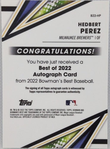 HEDBERT PEREZ 2022 Topps Bowman's Best Prospect RC AUTO Milwaukee Brewers #B22HP
