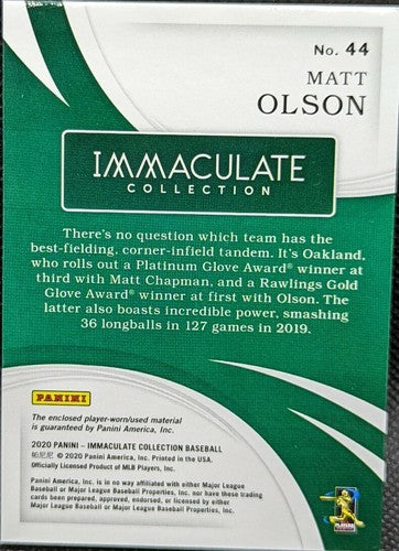 MATT OLSON 2020 Panini Immaculate Jersey LAUNDRY TAG LOGO PATCH SP /10 Braves As
