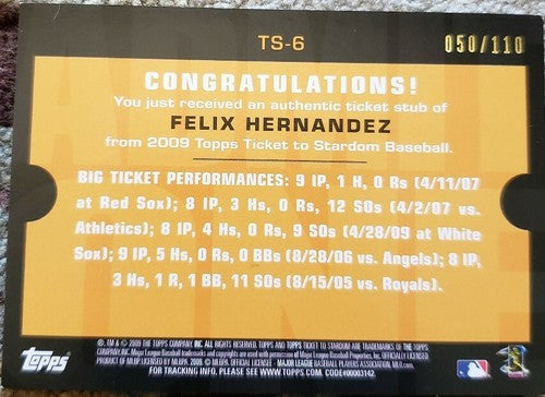 FELIX HERNANDEZ 2009 Topps Ticket To Stardom Jumbo Stub #/110 Seattle Mariners
