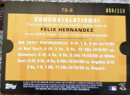 FELIX HERNANDEZ 2009 Topps Ticket To Stardom Jumbo Stub #/110 Seattle Mariners