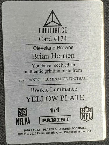 BRIAN HERRIEN 2020 Panini Luminance RC PRINTING PLATE #1/1 Browns Patches One of