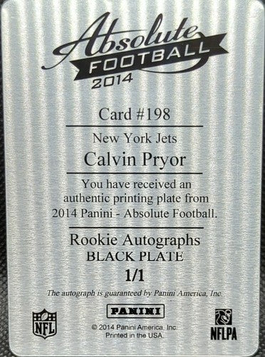 CALVIN PRYOR 2014 Panini Absolute RC AUTO PRINTING PLATE SP #1/1 NY Jets One of