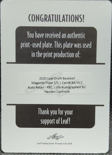 HAYDEN CANTRELLE 2020 Leaf Draft Retail XRC RC PRINTING PLATE #1/1 Giants One of