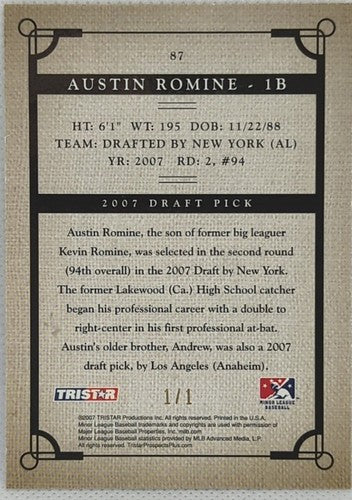 AUSTIN ROMINE 2007 TRISTAR Prospects Plus Pro Debut REFRACTOR RC SP #1/1 Yankees