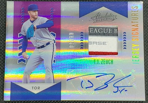 T. J. ZEUCH 2020 Panini Absolute DUAL AUTO LAUNDRY TAG PATCH RC /10 Blue Jays TJ
