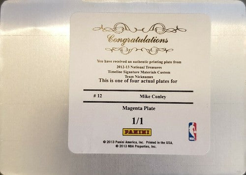 MIKE CONLEY 2012-13 National Treasures PRINTING PLATE #1/1 of 1 Jazz Grizzlies
