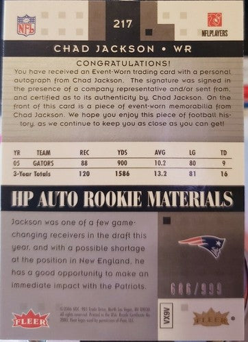 CHAD JACKSON 2006 Fleer Hot Prospects Materials AUTO Quad Jersey Patriots #/999