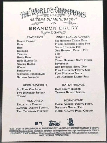 BRANDON DRURY 2016 Topps Allen & Ginter RC NSCC SP #1/1 of Diamondbacks Angels